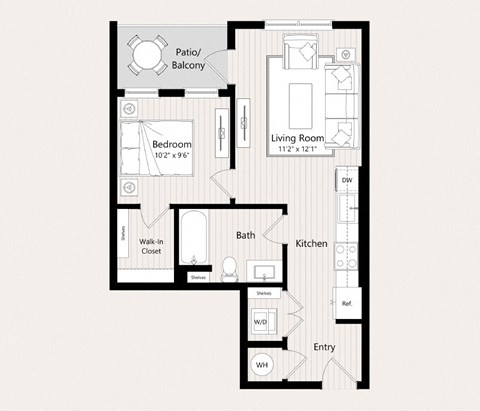 Floor plan for 1 bed, 1 bath, 574 sqft